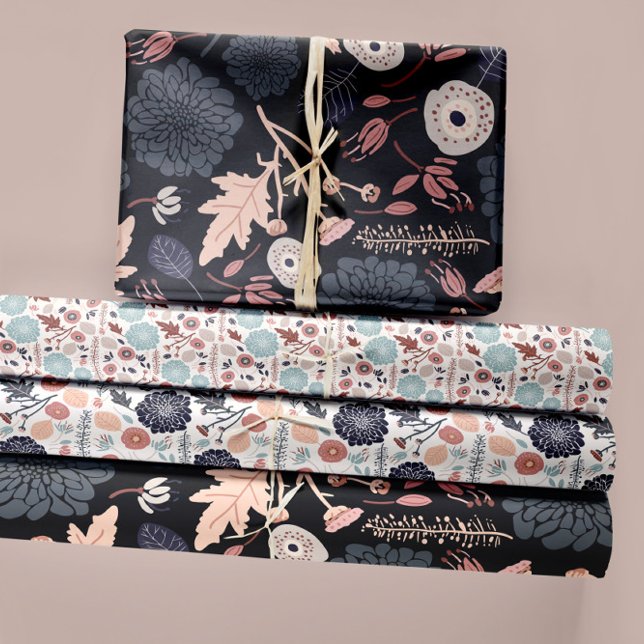 Floral Botanicals Trio Decoupage Gift Wrapping Paper Sheets (Botanical Floral Trio Prints Black Blue Pink Wrapping Paper Sheets from Studio Posies. )