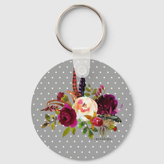 Floral Bouquet and Dots with Name Keychain (Front)