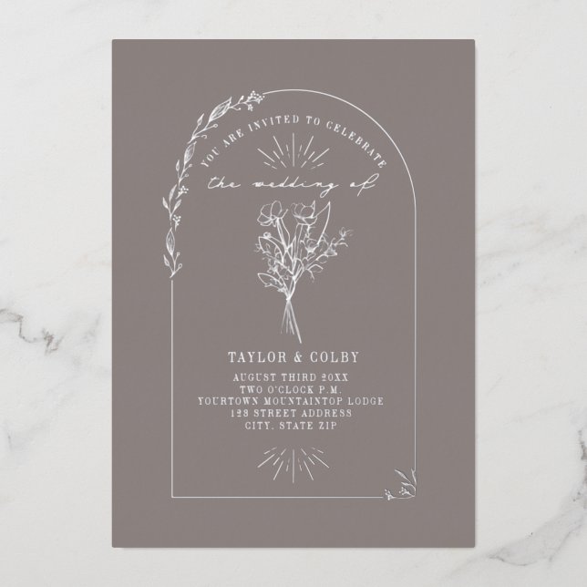 Floral Bouquet Arch Amethyst Wedding Foil Invitation (Front)