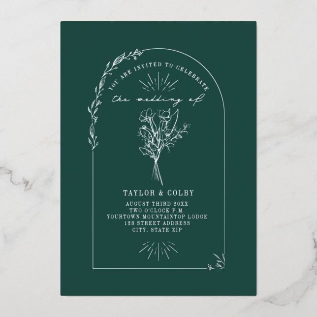 Floral Bouquet Arch Emerald Wedding Foil Invitation (Front)