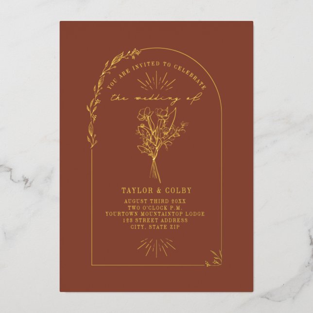 Floral Bouquet Arch Terracotta Wedding Foil Invitation (Front)