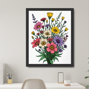 Floral Bouquet Bright Colors Comic Drawing Style Framed Art