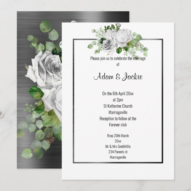 FLORAL BOUQUET BRUSHED BLACK TRIM WEDDING  INVITATION (Front/Back)