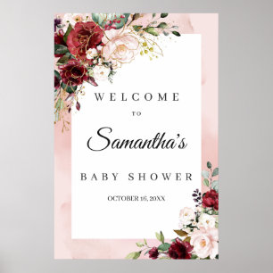 Floral bouquet burgundy floral baby shower welcome poster