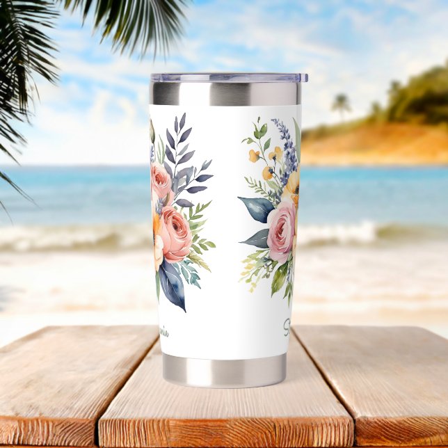Floral Bouquet Elegant Flowers Design Custom Name Insulated Tumbler (Beach)