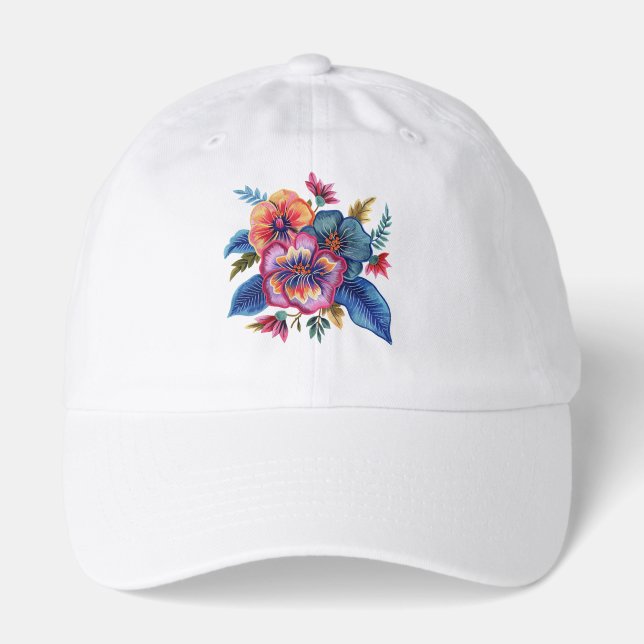 Floral Bouquet Faux Embroidery Yarn Design Hat (Front)