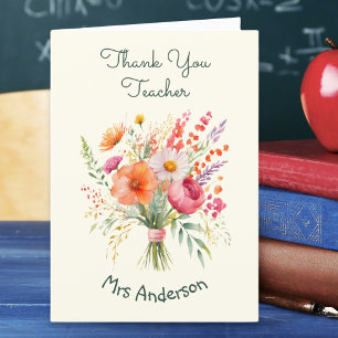 Floral Bouquet Flowers Pretty Personalized Teacher Letterpress Thank You Card
