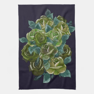 Floral bouquet, green roses on dark blue kitchen towel