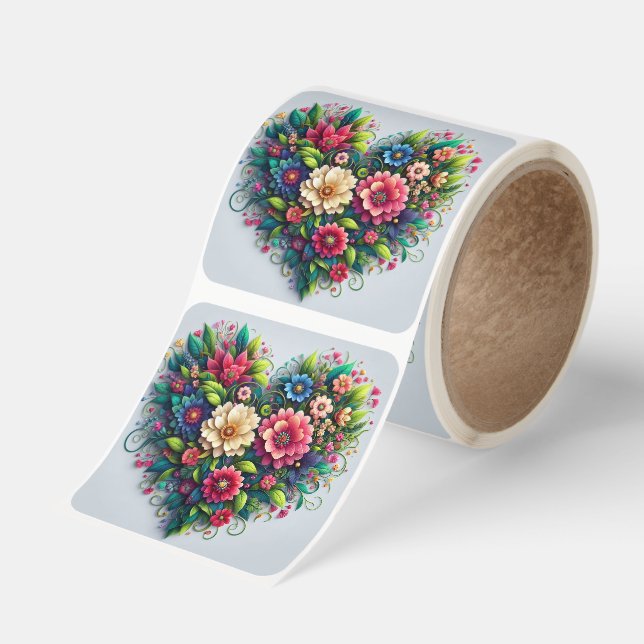 Floral Bouquet Heart Square Sticker (Roll)