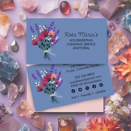 Floral Bouquet House Cleaning Service Social Icons Business Card