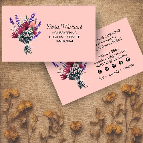 Floral Bouquet House Cleaning Service Social Icons Business Card