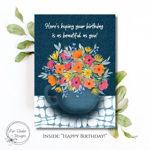 Floral Bouquet in Navy Blue mug Birthday Card