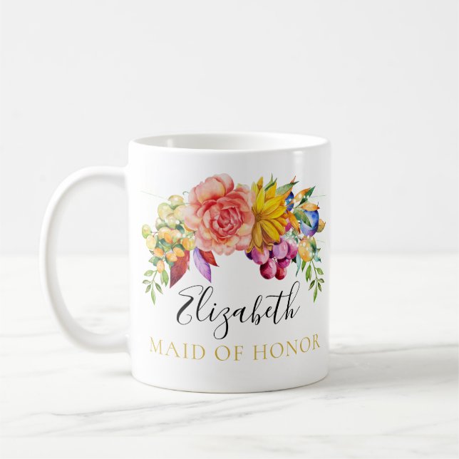 Floral Bouquet Maid of Honor with Name Coffee Mug (Left)