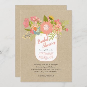 Floral Bouquet Mason Jar Kraft Bridal Shower Invitation by lemontreeweddings at Zazzle
