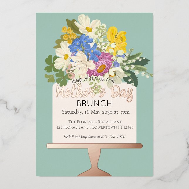 Floral Bouquet Mother's Day Brunch Foil Invitation (Front)
