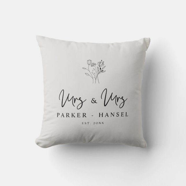 Floral Bouquet MRS & MRS Quote Lesbian Couple Throw Pillow (Front)