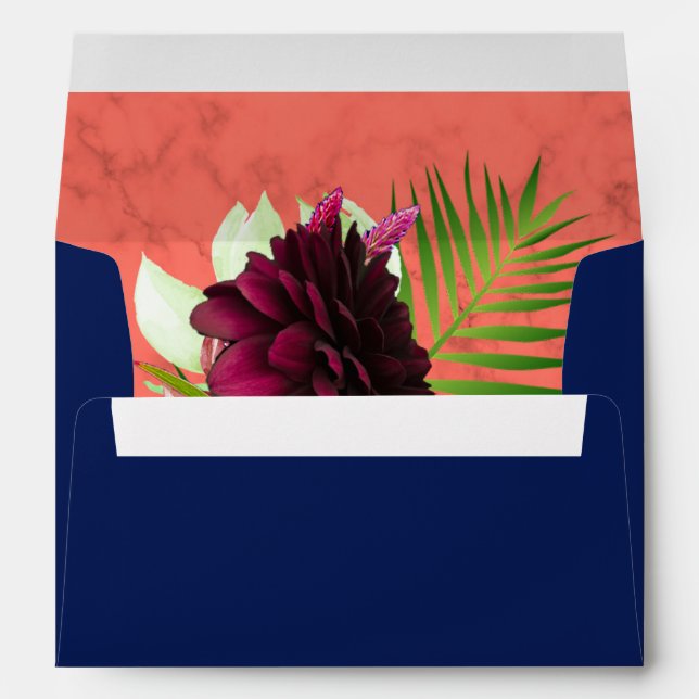 Floral Bouquet  Navy Blue Coral Wedding Envelope (Back (Bottom))