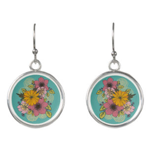 Floral Bouquet on Turquoise Earrings