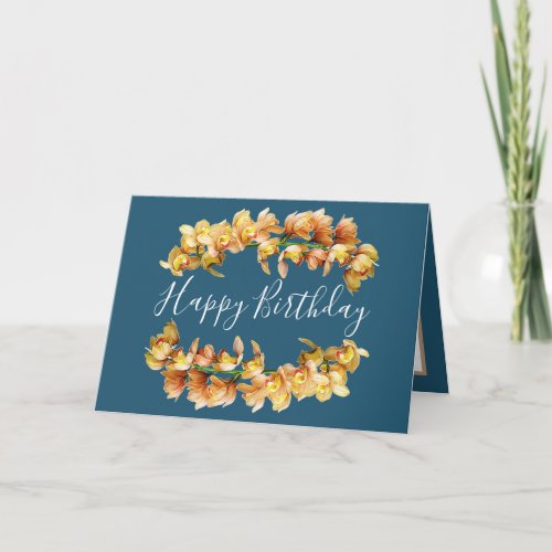 Floral Bouquet Orchid Flower Girl Blue Birthday Card