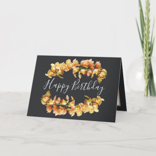 Floral Bouquet Orchid Flower Girl Gray Birthday Card