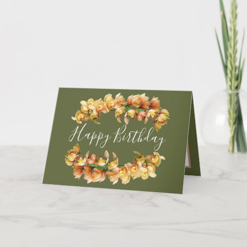 Floral Bouquet Orchid Flower Girl Green Birthday Card