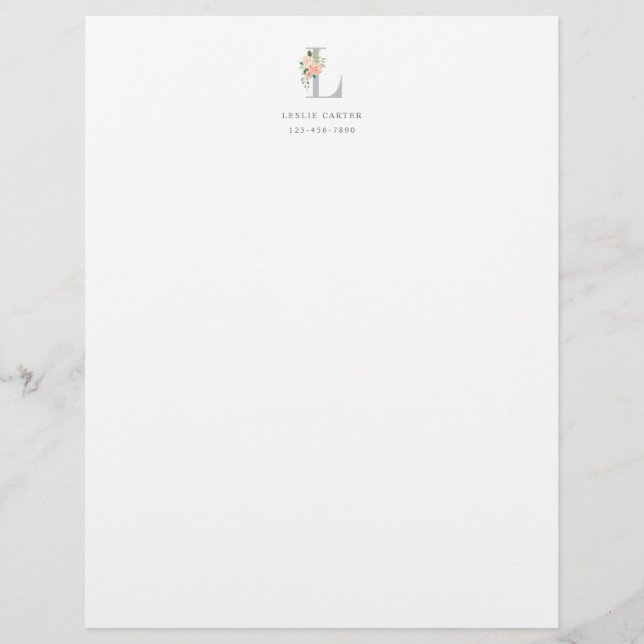 Floral Bouquet over Personalized Monogram Initial Letterhead (Front)