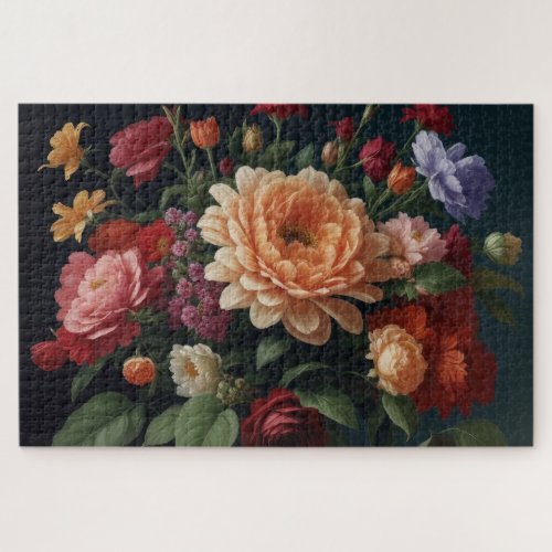 Floral Bouquet Painting on Dark Background Jigsaw Puzzle