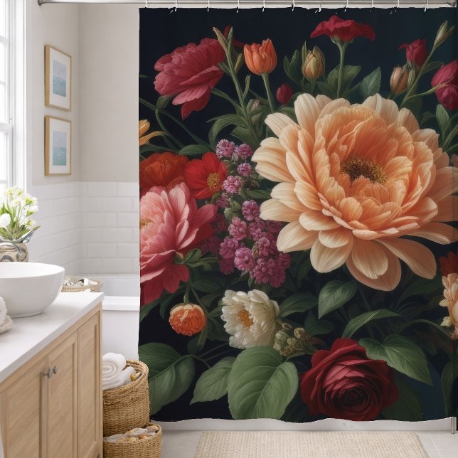 Floral Bouquet Painting on Dark Background Shower Curtain (Creator Uploaded)