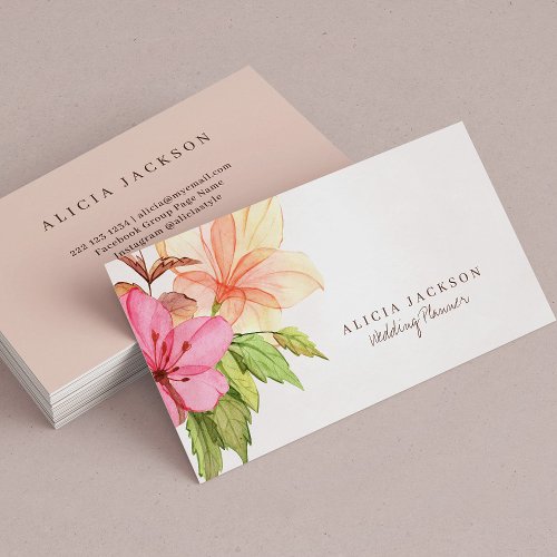 Floral bouquet pastel watercolor wedding planner business card