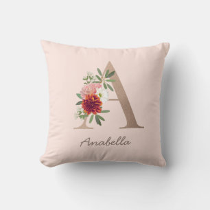 Floral bouquet personalized monogram letter A Throw Pillow