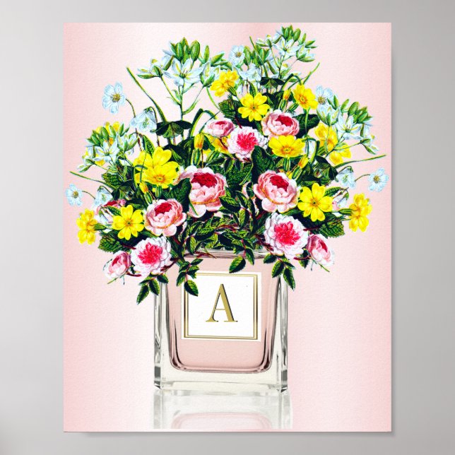 Floral Bouquet Pink Perfume Bottle Monogram    Poster (Front)