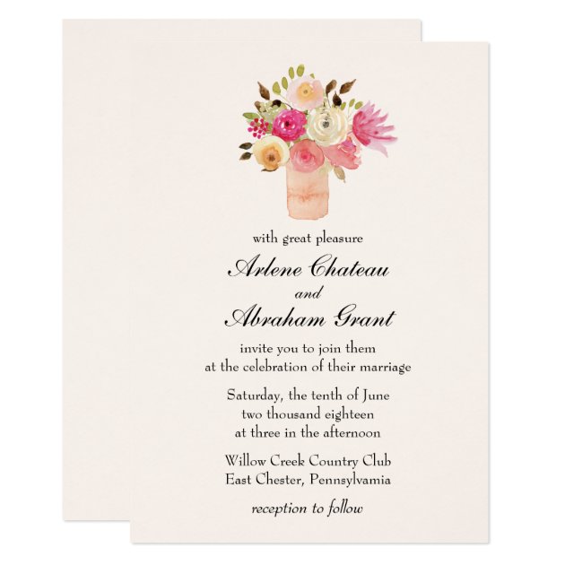 Floral Bouquet Pink Vase Wedding Invitation