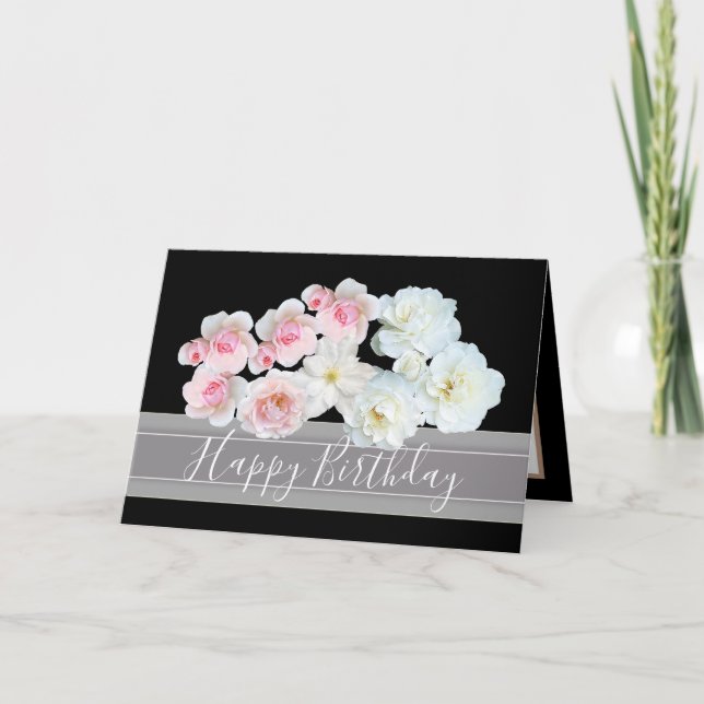 Floral Bouquet Pink & White Roses Flowers Birthday Card (Front)