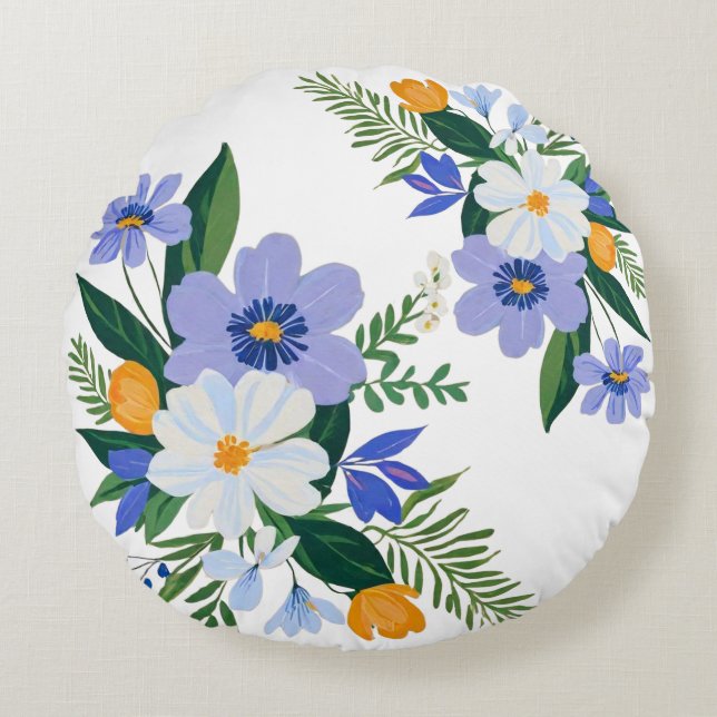 Floral Bouquet Purple Orange Round Pillow (Front)