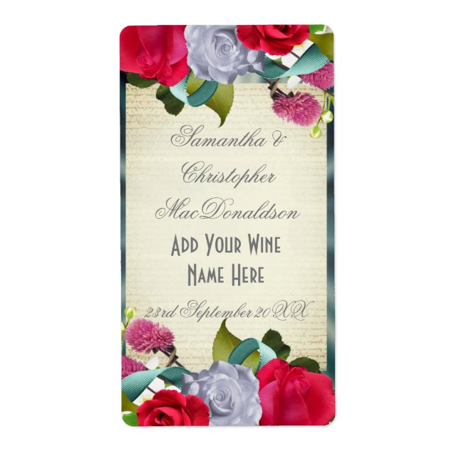 Floral bouquet romantic wedding wine bottle label (Front)