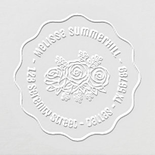 Floral Bouquet Rose Flowers Round Wavy Address Embosser