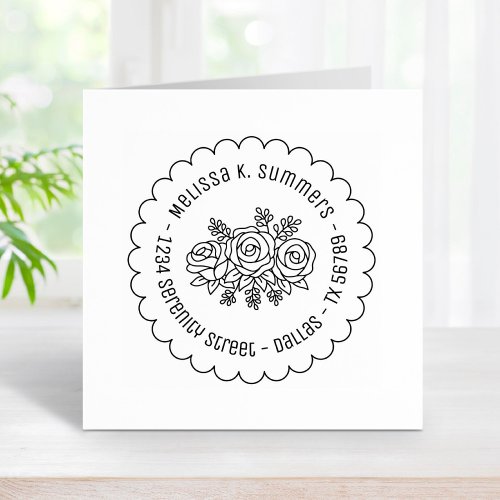 Floral Bouquet Rose Flowers Scalloped Address Rubber Stamp