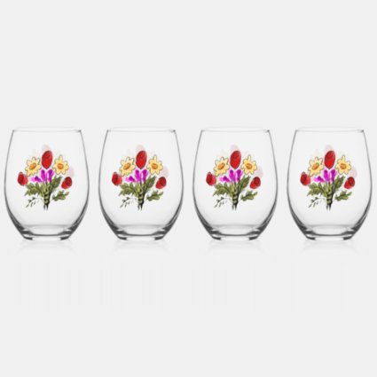 Floral Bouquet Set of Wine Glasses