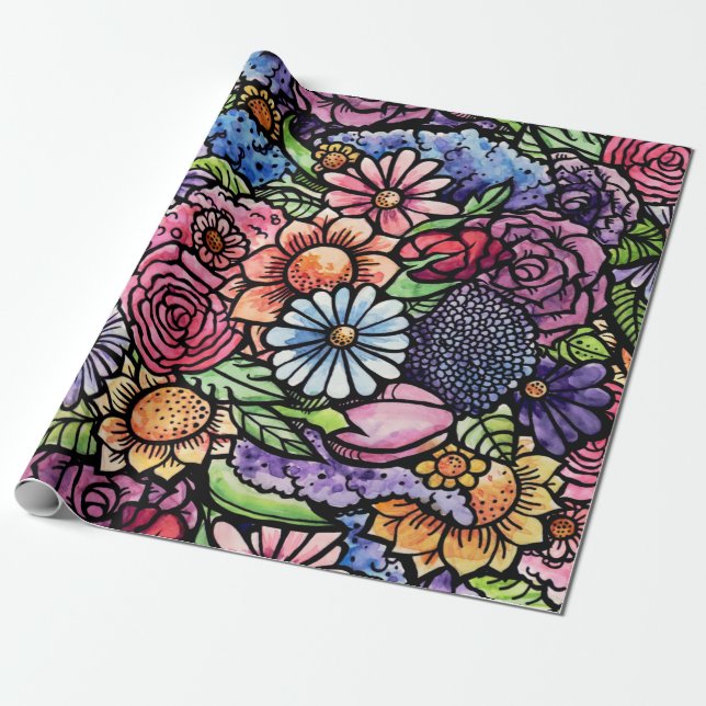 Floral Bouquet Spring Flower Wrapping Paper (Unrolled)