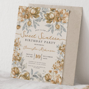 Floral Bouquet Sweet 16 Birthday Gold Champagne Invitation