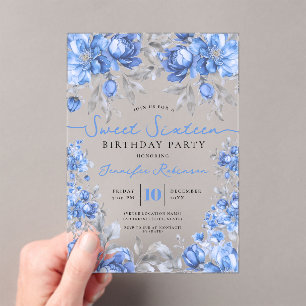 Floral Bouquet Sweet 16 Birthday Party Blue  Acrylic Invitations