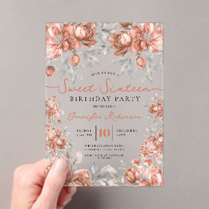 Floral Bouquet Sweet 16 Birthday Rose Gold  Acrylic Invitations