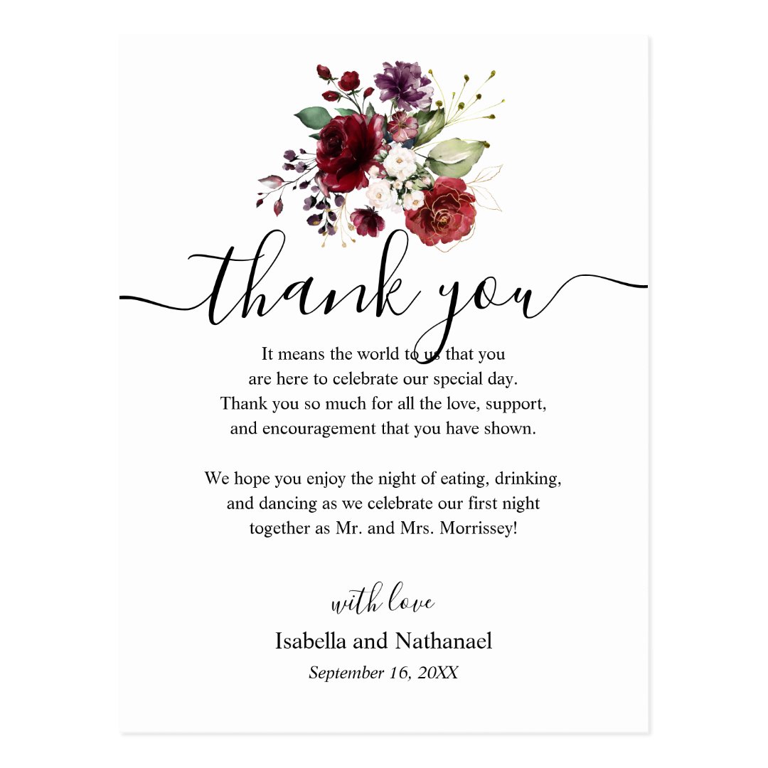 Floral Bouquet Thank You Wedding Reception Card | Zazzle