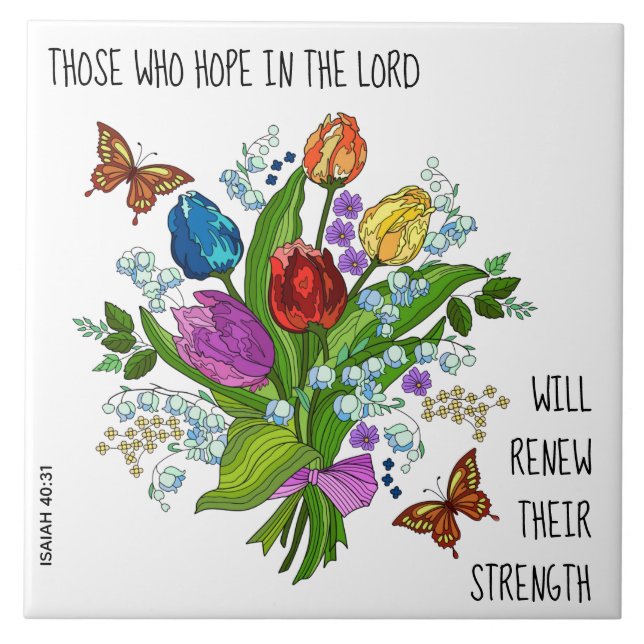 Floral Bouquet, w verse from Isaiah 40:31 Ceramic Tile (Front)