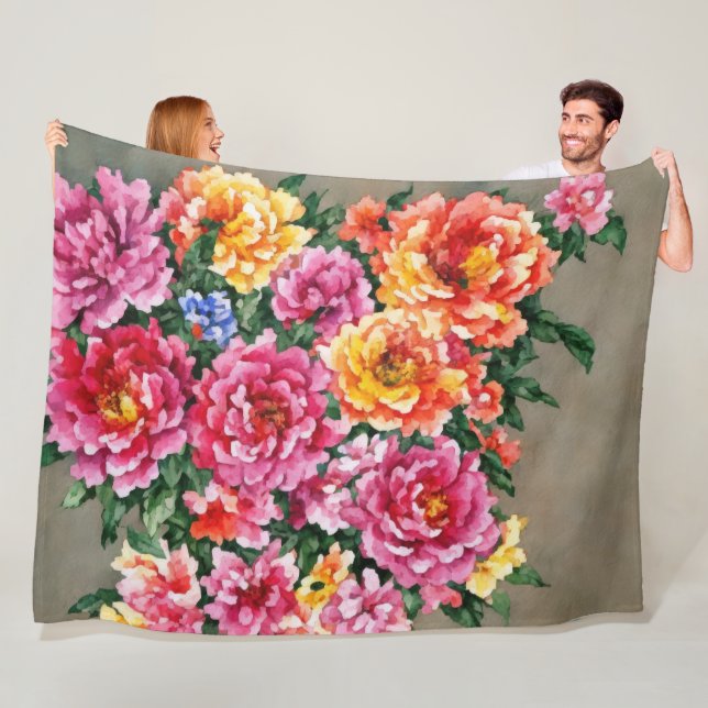 Floral Bouquet Watercolor Peonies on Tan Fleece Blanket (In Situ)