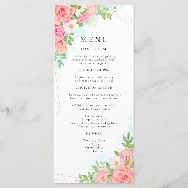 Floral Bouquet Watercolor Pink Rose Wedding Menu (Front)