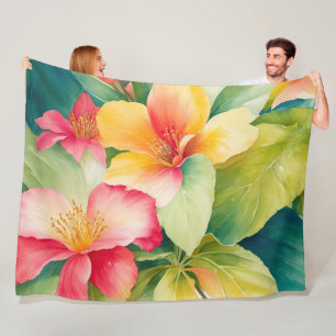 Floral Bouquet Watercolor Tropical Flowers Fleece Blanket