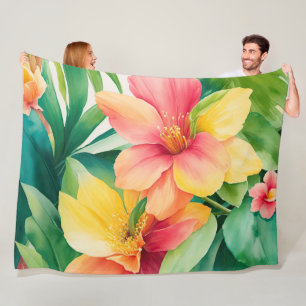 Floral Bouquet Watercolor Tropical Flowers Fleece Blanket