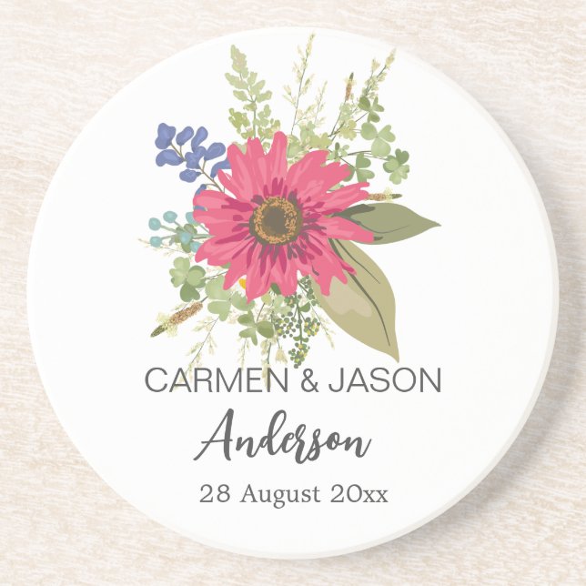  Floral Bouquet Wedding Custom Name Coaster (Front)