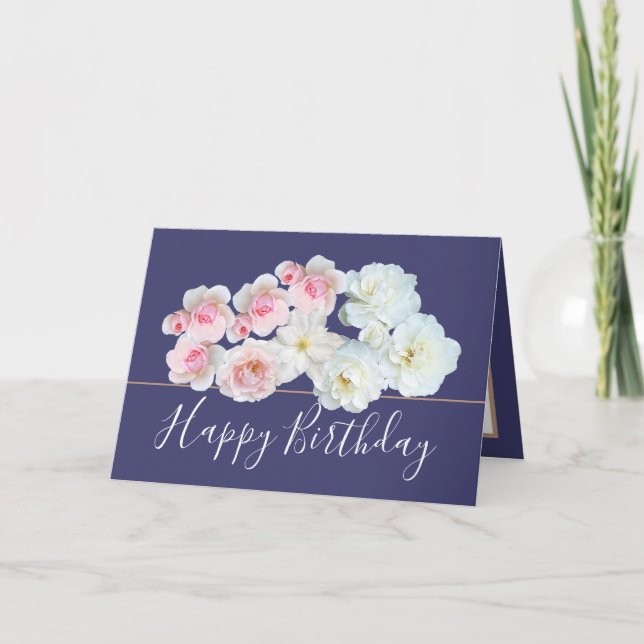 Floral Bouquet White & Pink Roses Flowers Birthday Card (Front)